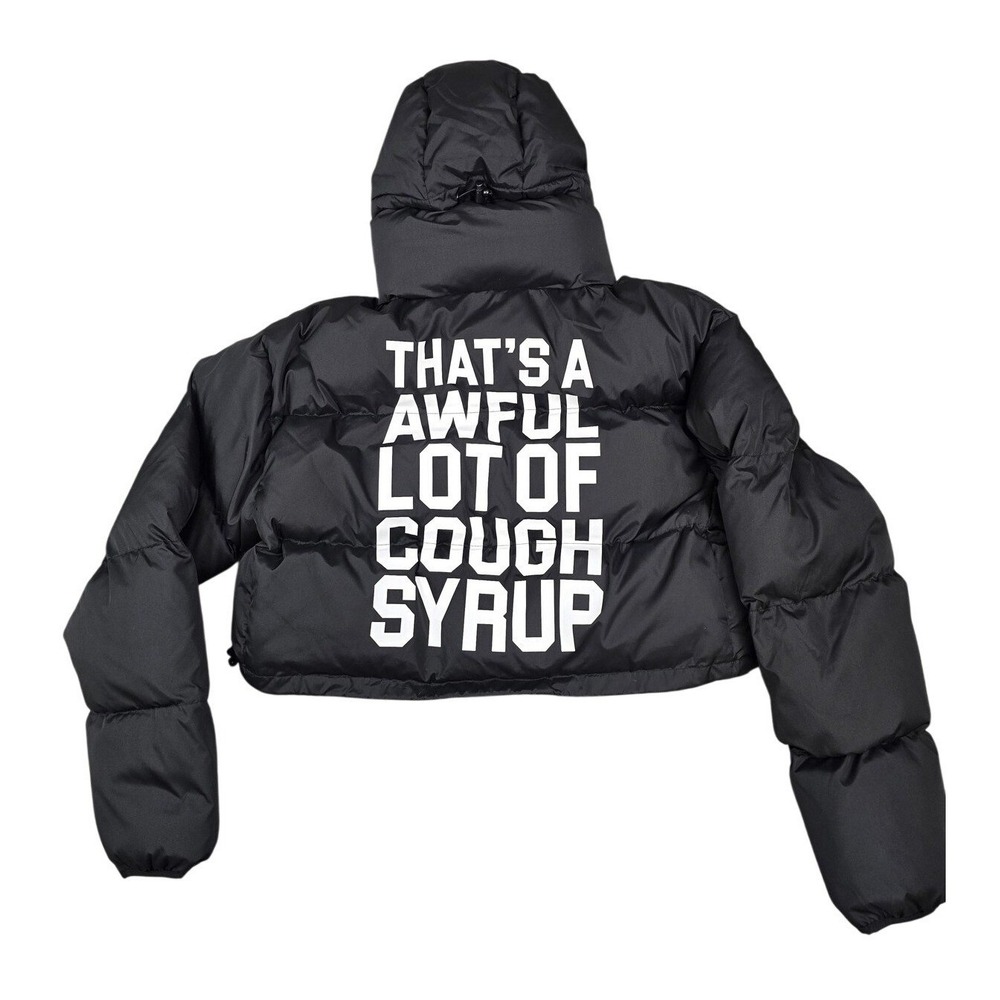 Awful‎ Lot Of Cough Syrup Jacket Womens XL Black Hooded Puffer Graphic Full Zip
